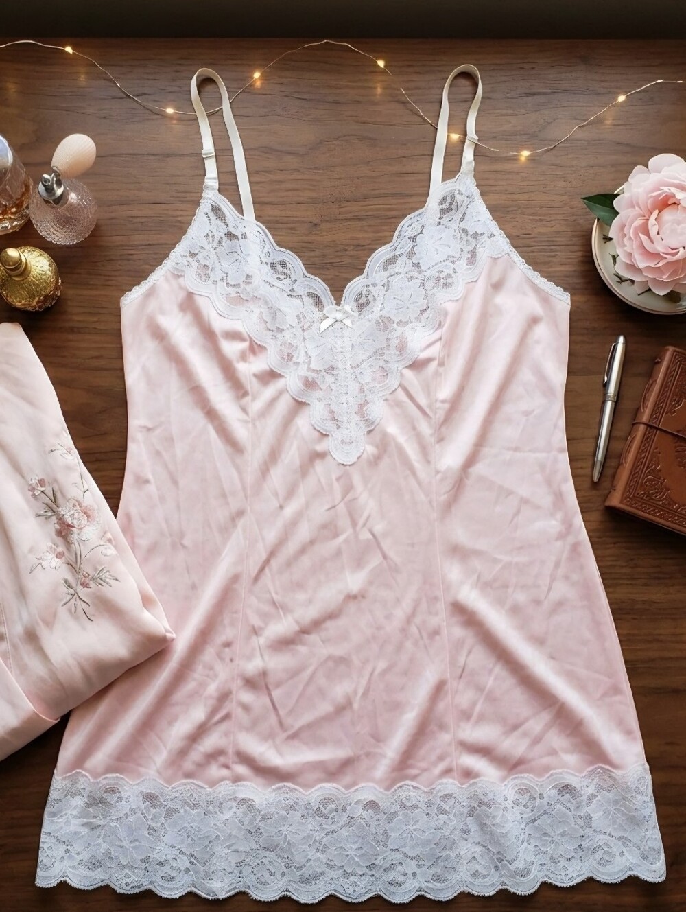 VTG 1980s Carriage Court Sears Pink Lace Slip Dress Nightgown – Size 38 (M/L)